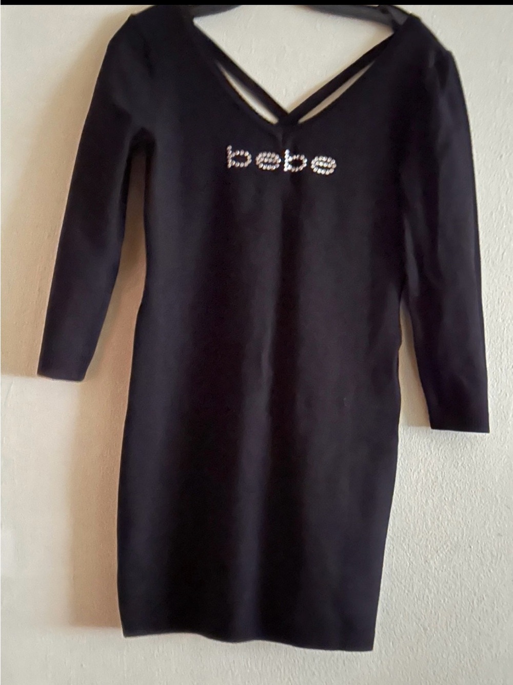 Rare bebe Black Long Sleeve Crystal Logo V‑Neck Knit Mini Thick Sweater Dress